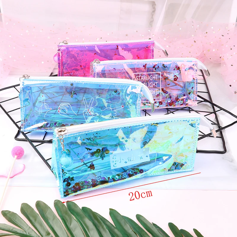 

Creative PVC Plastic Cool Laser Transparent Sequin Quicksand Pen Bag Silica Gel Water Proof Pencil Bag Pen Case