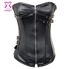 Corzzet Vintage Gothic Brown Leather Zipper Steel Boned Overbust Corset Lace Up Plus Size Waist Trainer Steampunk Clothing plus size steel boned lace up corset