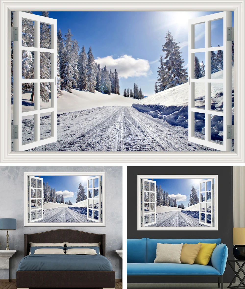 3d наклейки на окна домашний декор лесное дерево снежный зимний пейзаж обои фрески виниловые настенные художественные наклейки для кухни Wc