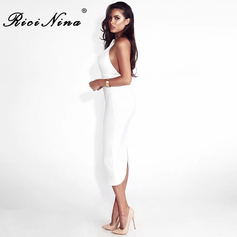 RICININA New Summer Dress Women Halter Sleeveless Backless Mid-Calf Slim Sexy Bodycon Dress Lady Party Bandage Dresses Vestidos