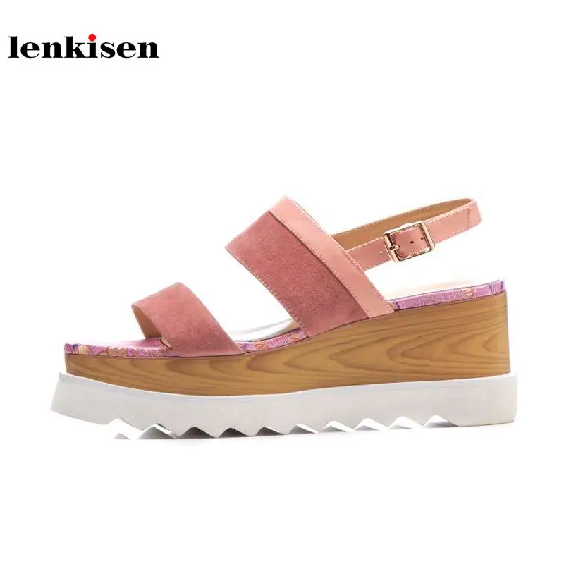 

Lenkisen 2018 new arrival square toe meatal fastener platform cow leather causal shoes solid wedges high heels women sandals L28