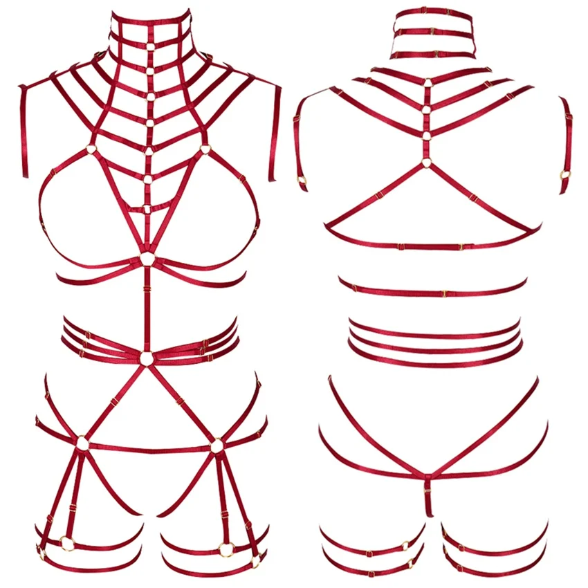 

Wine Red Goth Body Harness Punk Pole Dance Harness Bra Rave Waist Leg Garter Belt Bondage Sexy Lingerie Body Cage Set for Women