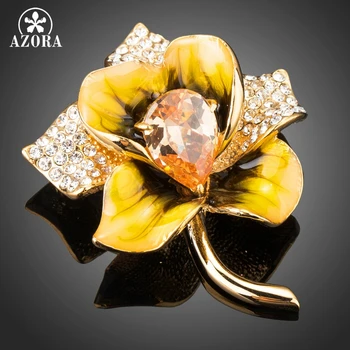 

AZORA New Arrivals Champagne Zircon Crystal Paved Oil Painting Pattern Gold Color Flower Shape Brooches for Women Gifts TP0070