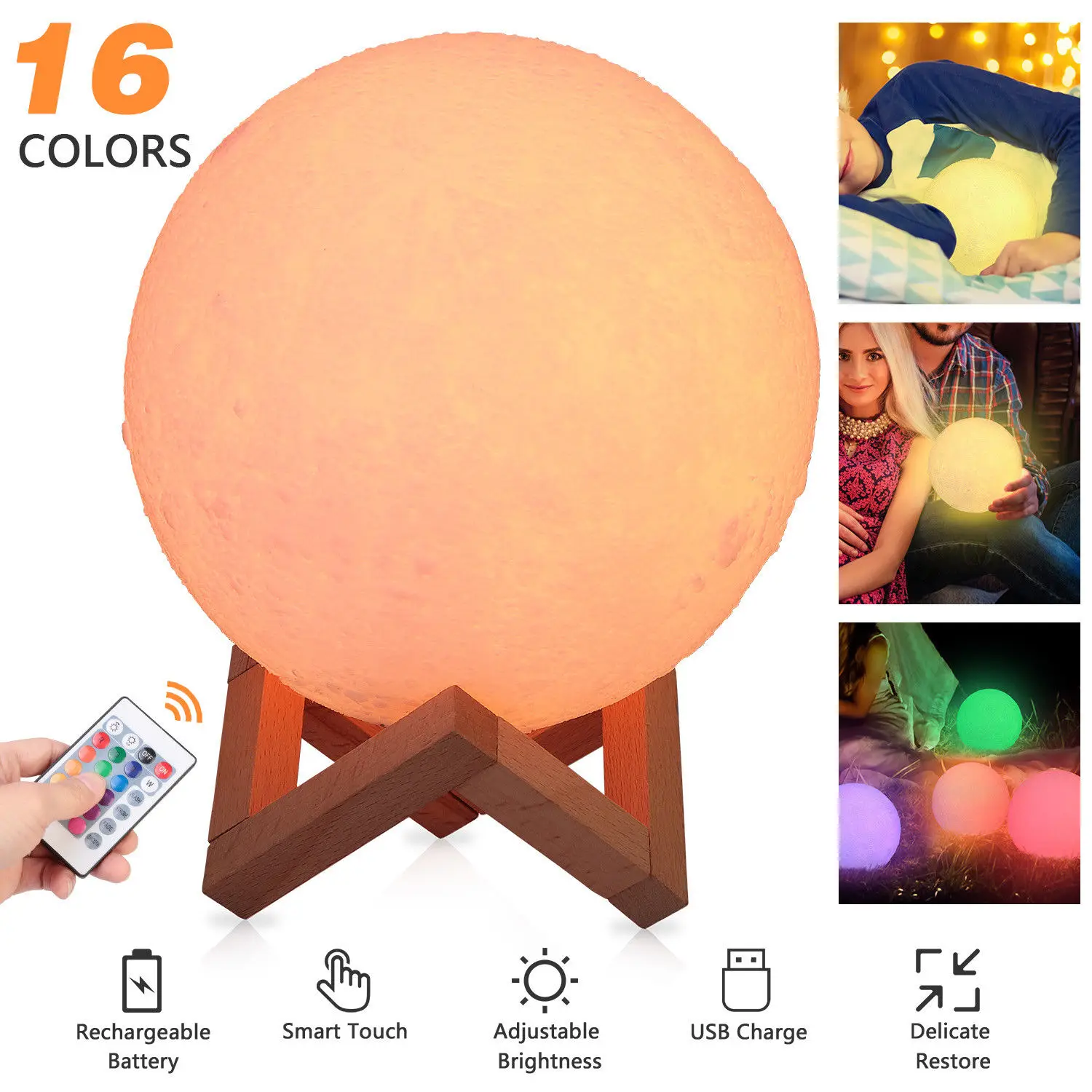 

3D Print Moon Lamp Night Light 16 Colors Changeable Remote Touch Control USB Led Night Light Home Bedroom Decor Creative Gift