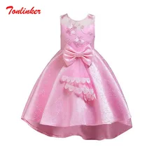 Summer Girls Embroidery Flower Princess Trailing Dress Children Tutu Bow-Knot Dresses Girls Princess Wedding Gown gold wire embroidery flower girl dress sequined mesh trailing girls wedding drag the floor princess party dress girls clothing