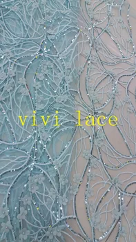 

KK002 blue/gold sequin pearl beads french embroidery tulle mesh lace fabric for stage /wedding/evening dress/party,