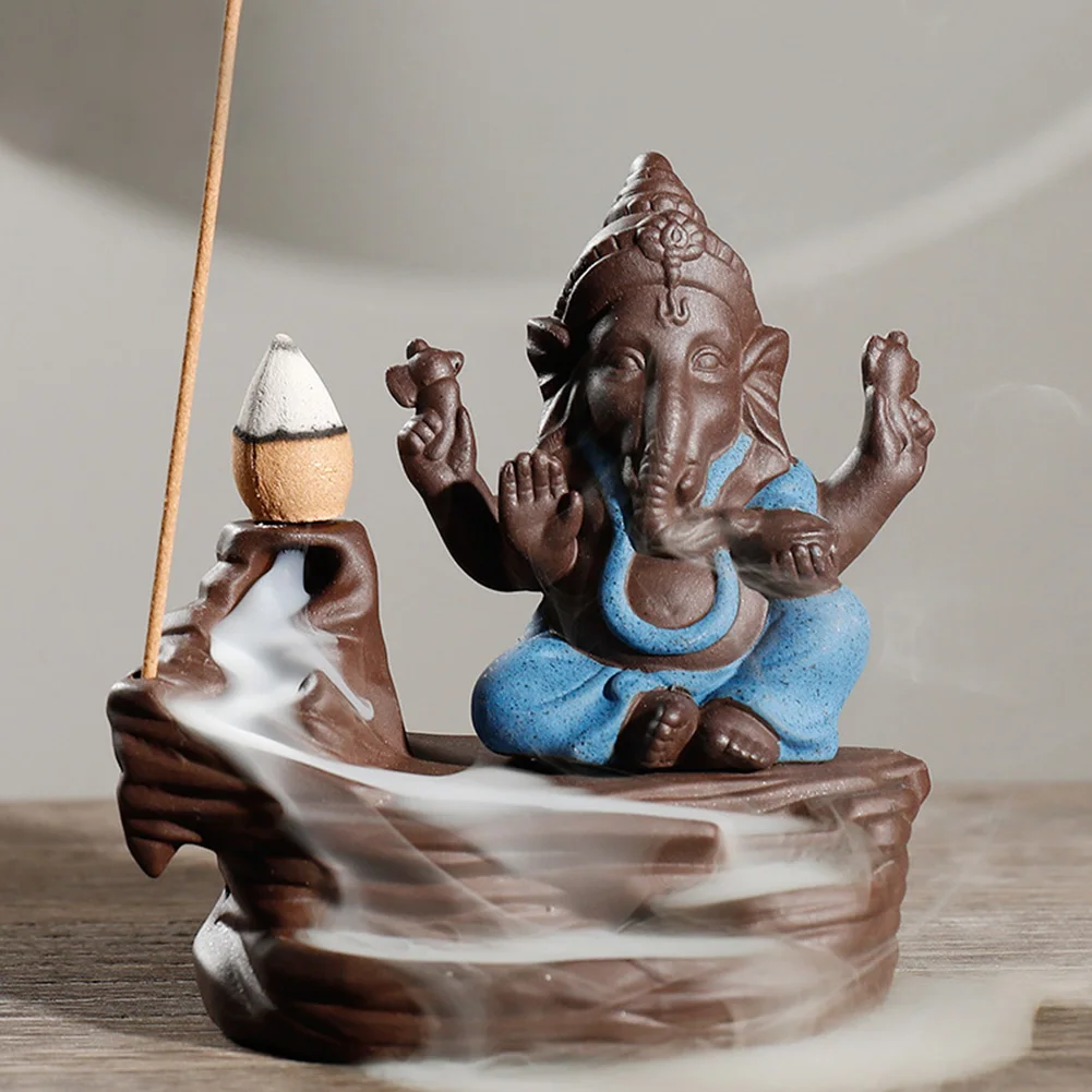 

Decorations Craft Ceramic Incense Burner With Cone Ornament Backflow Statue Ganesha Elephant God Auspicious Home Handmade