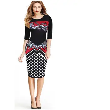 

Nice Retro Stitching Print Elegant Casual Work Dress In Sleeve O-Shirt High Waist Bodycon Knee Ladies Office Pencil Dress Size