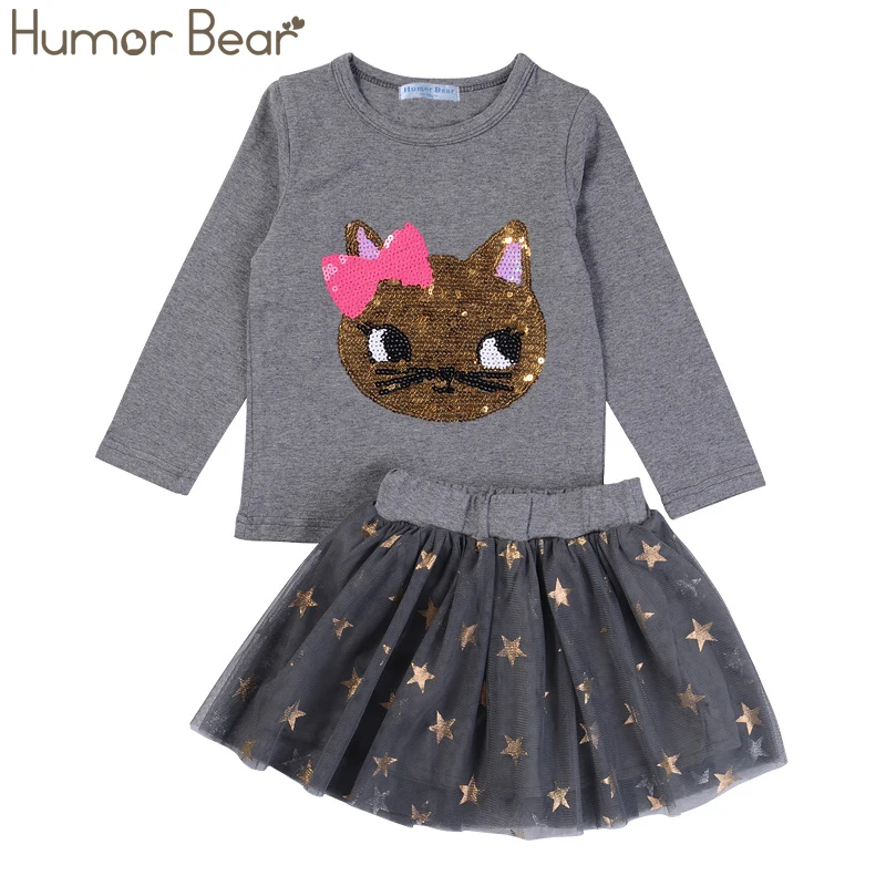 Humor Bear NEW Autumn Baby Girl Clothes Girls Clothing Sets Cartoon Sequins Cat Long Sleeve+Stars Skirt Casual 2PCS Girls Suits -