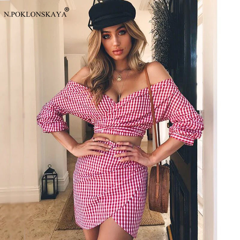 

N.POKLONSKAYA Two Piece Dress Summer Sexy off Shoulder Bodycon Dresses V Neck Long Sleeve Vestido 2018 Bandage Beach Dress