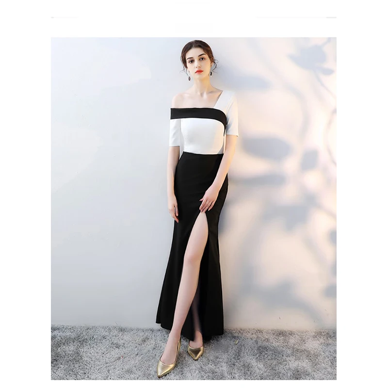 2019 summer new color matching slant shoulder sexy temperament was thin big dress long fishtail  bag hip split dress