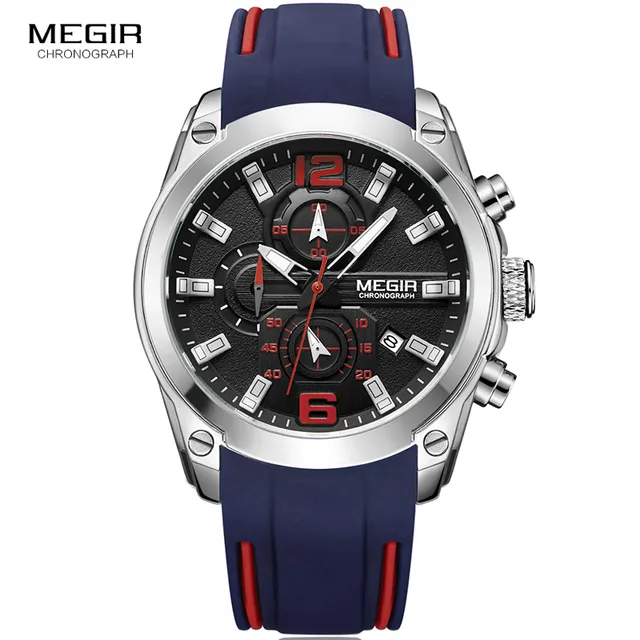 Megir Men's Chronograph Analog Quartz Watch with Date, Luminous Hands, Waterproof Silicone Rubber Strap Wristswatch for Man 3