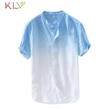 Мужская рубашка, летняя, градиентная, хлопковая, льняная, белая, короткий рукав, Ретро стиль, повседневная, рабочая рубашка, Мужской Топ, Homme, одежда для пробежек, 19My