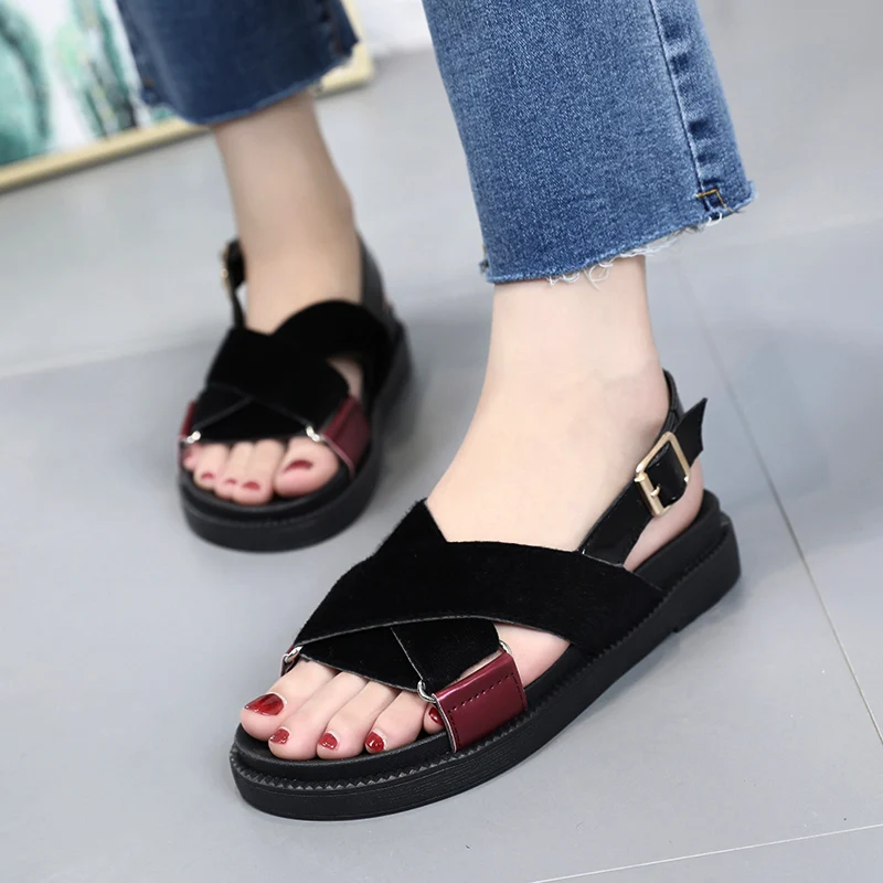 

Buckle Strap Shoes Summer 2019 Women Sandals PU Casual Gladiator Outdoor Female Shoes Mixed Color Flat Sandals For Beach