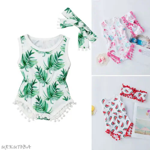 

US Summer Newborn Baby Girl Romper Sleeveless Tassels Floral Jumpsuit Headband Outfits Set Clothes