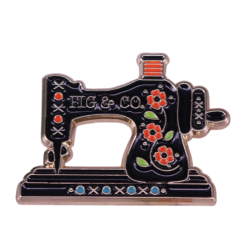 

Vintage black sewing machine brooch fig tree colors pattern badge knitters flair gift gorgeous retro decor