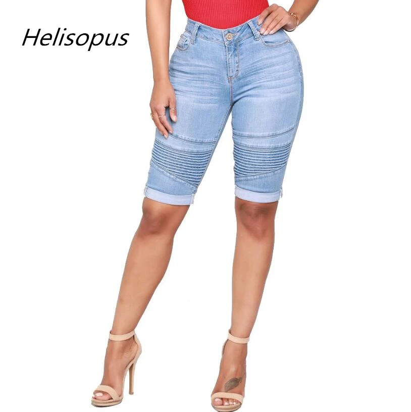 Helisopus 2019 New Summer Women's High Waist Jeans shorts Bodycon Knee Length Elastic Jeans