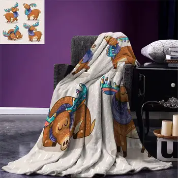 

Moose Throw Blanket Kids Cartoon Inspired Cute Elks with Antlers Friendly Nursery Kids Theme Artwork Warm Microfiber