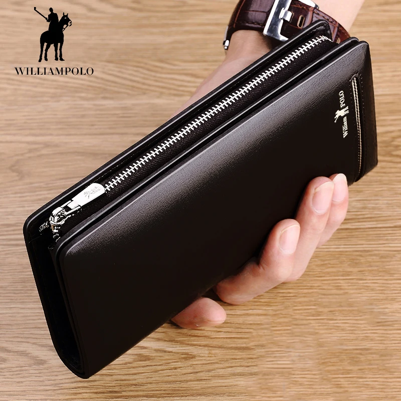 

WILLIAMPOLO 2019 Long Genuine Leather Brand Men Zipper Wallets Long Men Purse Clutch Business Wallet Male Purse Bifold PL219