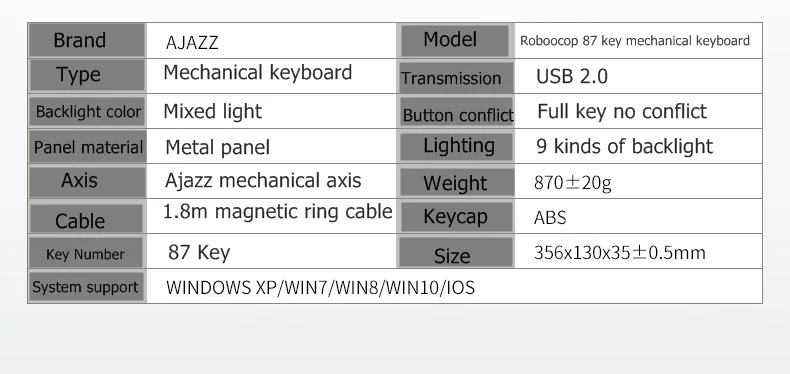 Ajazz металлическая панель 87 ключ USB Проводная Механическая с подсветкой игровая клавиатура макропрограммирование полный ключ против привидения