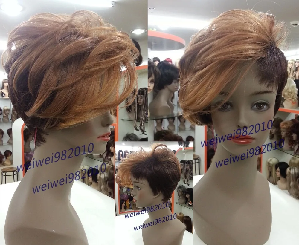 

Fashion Short Wig Pixie Cut Asymmetrical Front Bang Dark Auburn Highlights Free shipping