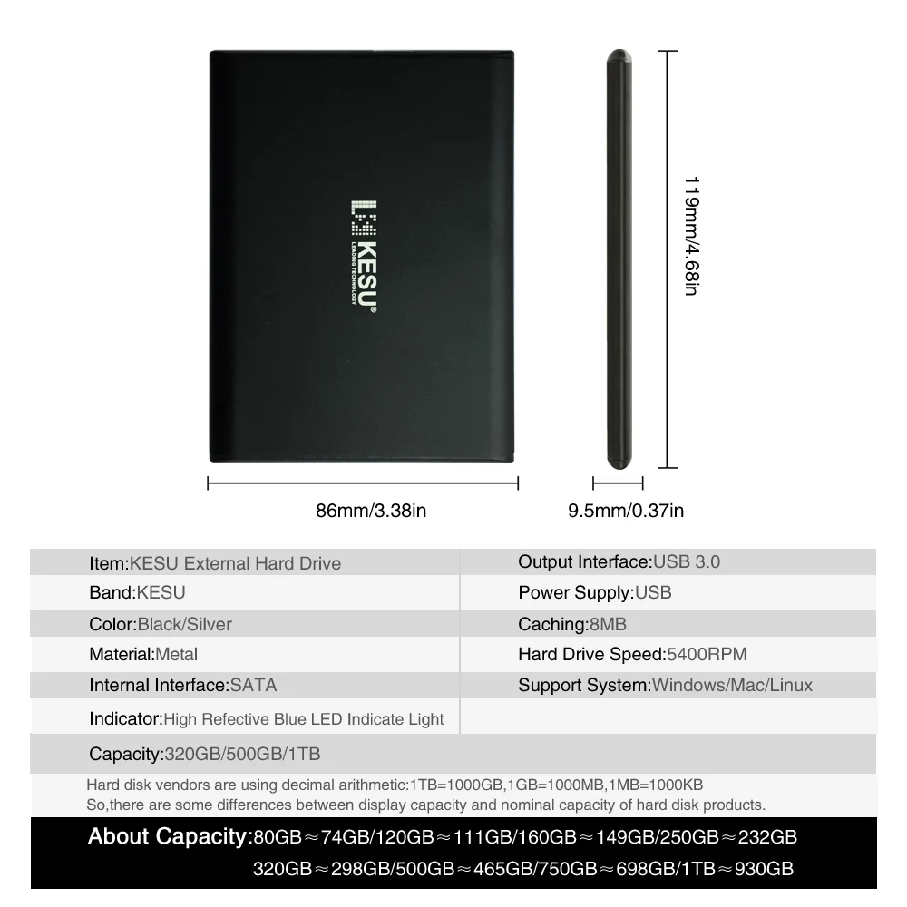 Кесу тонкий 9,5 мм 2," металлический Портативный внешний жесткий диск USB 320 ГБ 500 1 ТБ 2 ТБ хранения HDD внешний жесткий диск HD на продажу