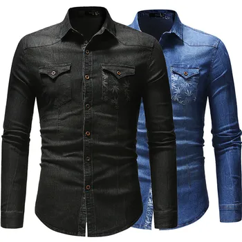 

Denim Shirts Man Loose Blouse 3XL Long Sleeve Male Cotton Tops Fashion Leaves Printed Shirt Pocket Man Denim Blusa 2020 Spring