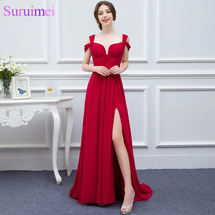 

Chiffon Long Events Prom Dresses V neck Sexy Side Slit Cap Sleeve Red Prom Dresses Evening Dress Free Shipping Real Samples