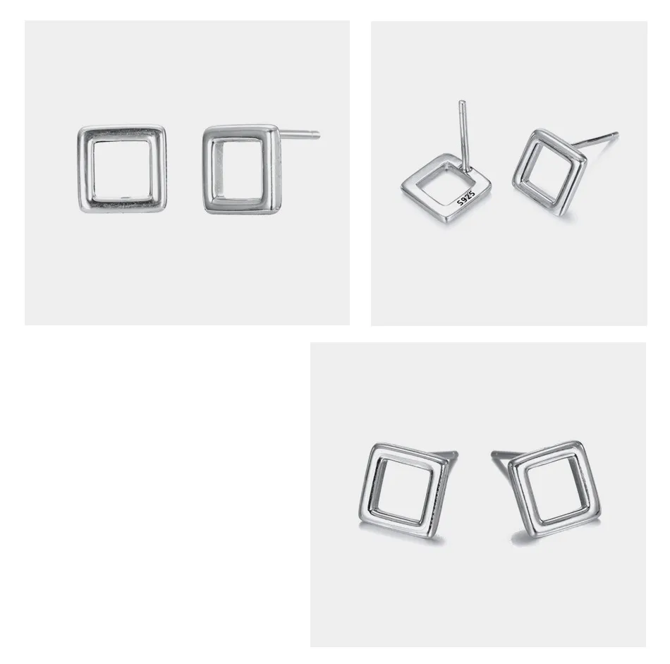 E-манко Простые выдалбливают четырехугольник серьгу 925 пробы серебряные серьги элегантный минималистский Геометрические серьги