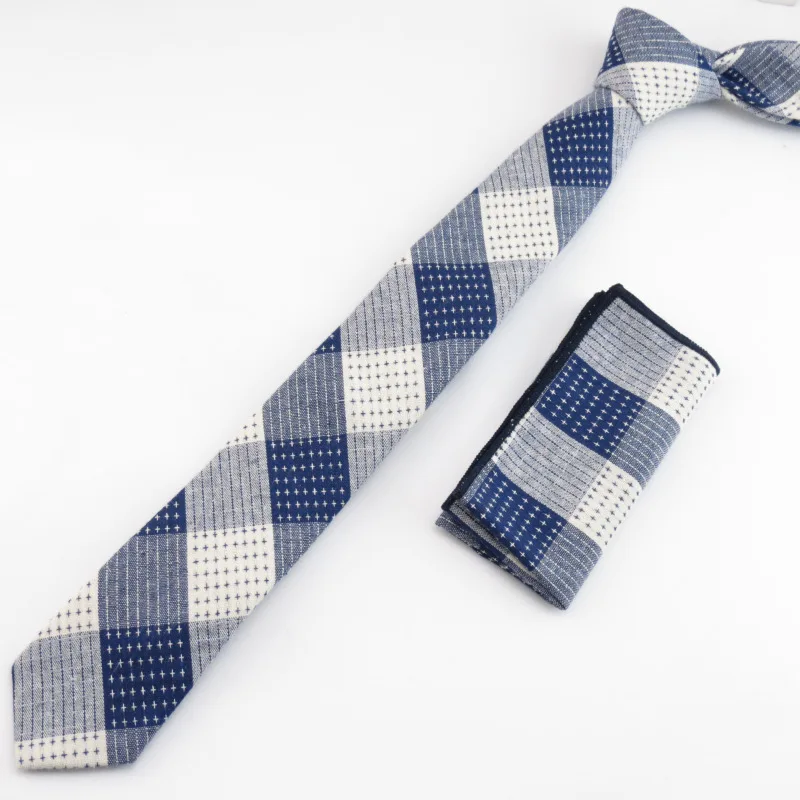  Men's navy white Plaid Ties s Bowtie 100% cotton Tie star poin Handkerchief Accessories For Men fas