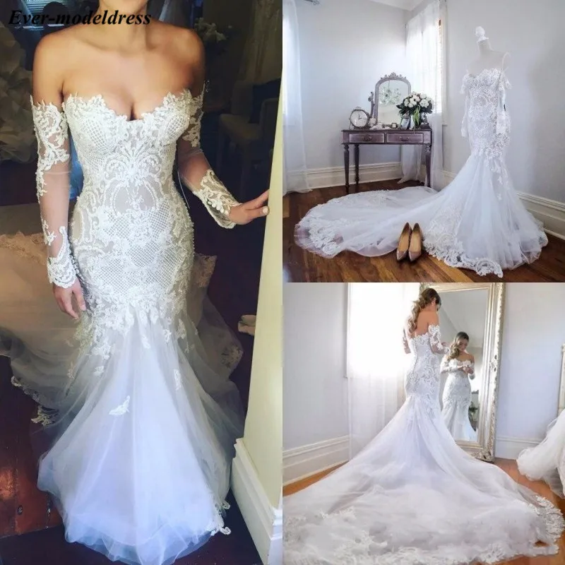 

Vintage Mermaid Long Sleeves Wedding Dresses Lace Appliques Unique Design Church Bridal Gowns vestidos de novia 2019