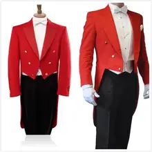 Утро Стиль двубортный джентльмен фрак Красный Длинный блейзер черные брюки 3 предмета жениха Смокинги для женихов свадебные костюмы для выпускного для Для мужчин