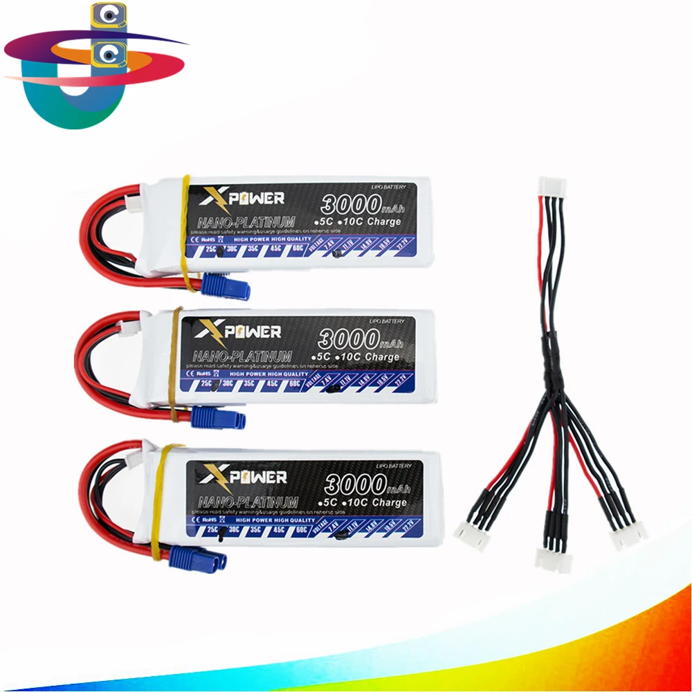 

11.1v 3s 3000mAh lipo battery 30C max 35C EC3 with 3in1 cable for RC drone Helicoptes Airplane parts