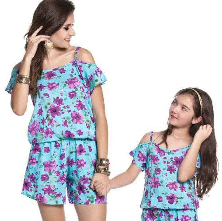 

2019 Spring and Summer Matching Mum and Daughter Clothes Flower Printing Shoulder Strap Jumpsuit Parent-child Outfit