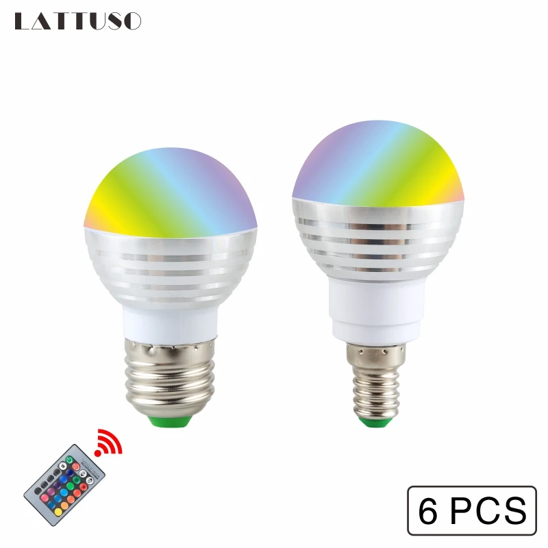 

LATTUSO 6Pcs LED RGB Bulb Lamp E27 E14 AC110V 220V LED RGB Spot light 85-265V magic RGB lighting+IR Remote Control 16 colors