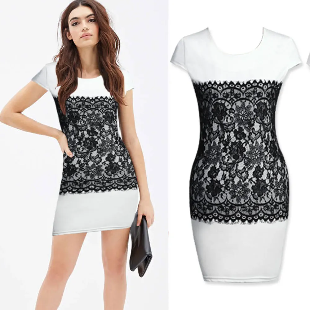 2015 Summer Style Black Dress with Lace Print Short Sleeve Mini Dresses Women Work and Casual Apparel CF-W1460 | Женская одежда