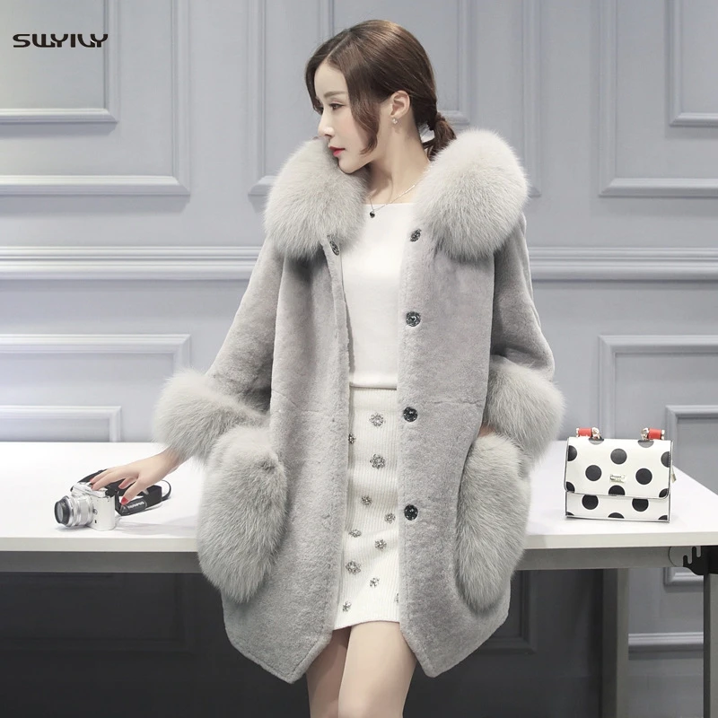 

SWYIVY Women's Faux Fur Coat Women Warm Long Sleeve Coats Outerwear Hooded Fox Fur Collar Coat Women Jacket Overcoat Winter Warm
