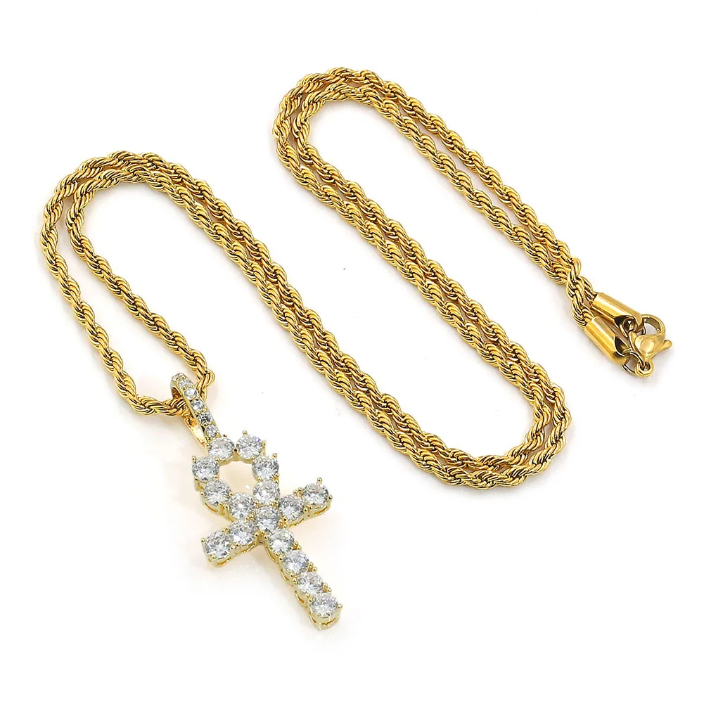 TOPGRILLZ Iced Zircon Ankh Cross Necklace Set Bling CZ Egypt Cross Necklace 20" 24" Hip Hop Jewelry