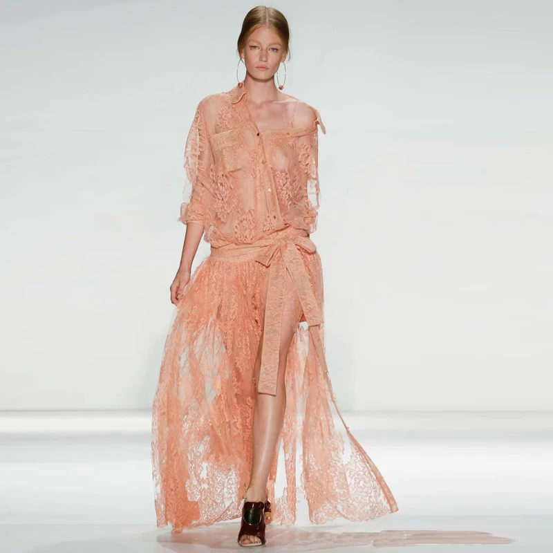 

XF Orange Lace Dress Strap Lining + Lapel Long Sleeve Button Lace Tulle Hollow 2019 Summer Women 'S Party Holiday Casual Dresses