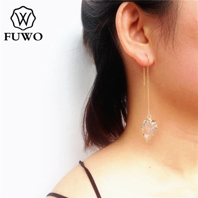 

FUWO Natural Clear Quartz Earrings With 24K Gold Filled Minimalist Design Arrowhead Threader Earrings For Women ER020