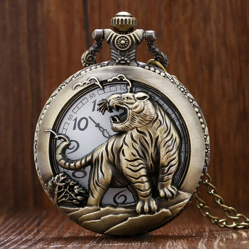 

Vintage Retro Tiger Carving Engraved Bronze Quartz Pocket Watch Men Women Meaningful Fob Watches Chineses Zodiac