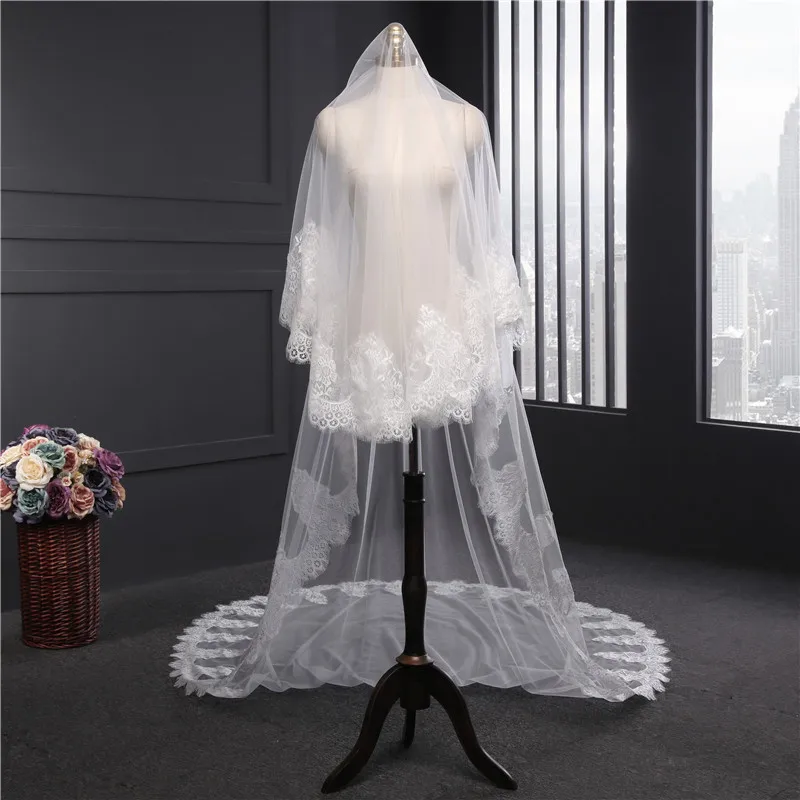 Фата свадебная Длинная с расческой и кружевом 2 рядами гребнем 3 метра|bridal veil with