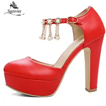 Sgesvier Fashion Round Toe Thick High Heels Women Pumps Sexy Platform Heeled Beading Pink White Red Dress Party Shoes Woman B571