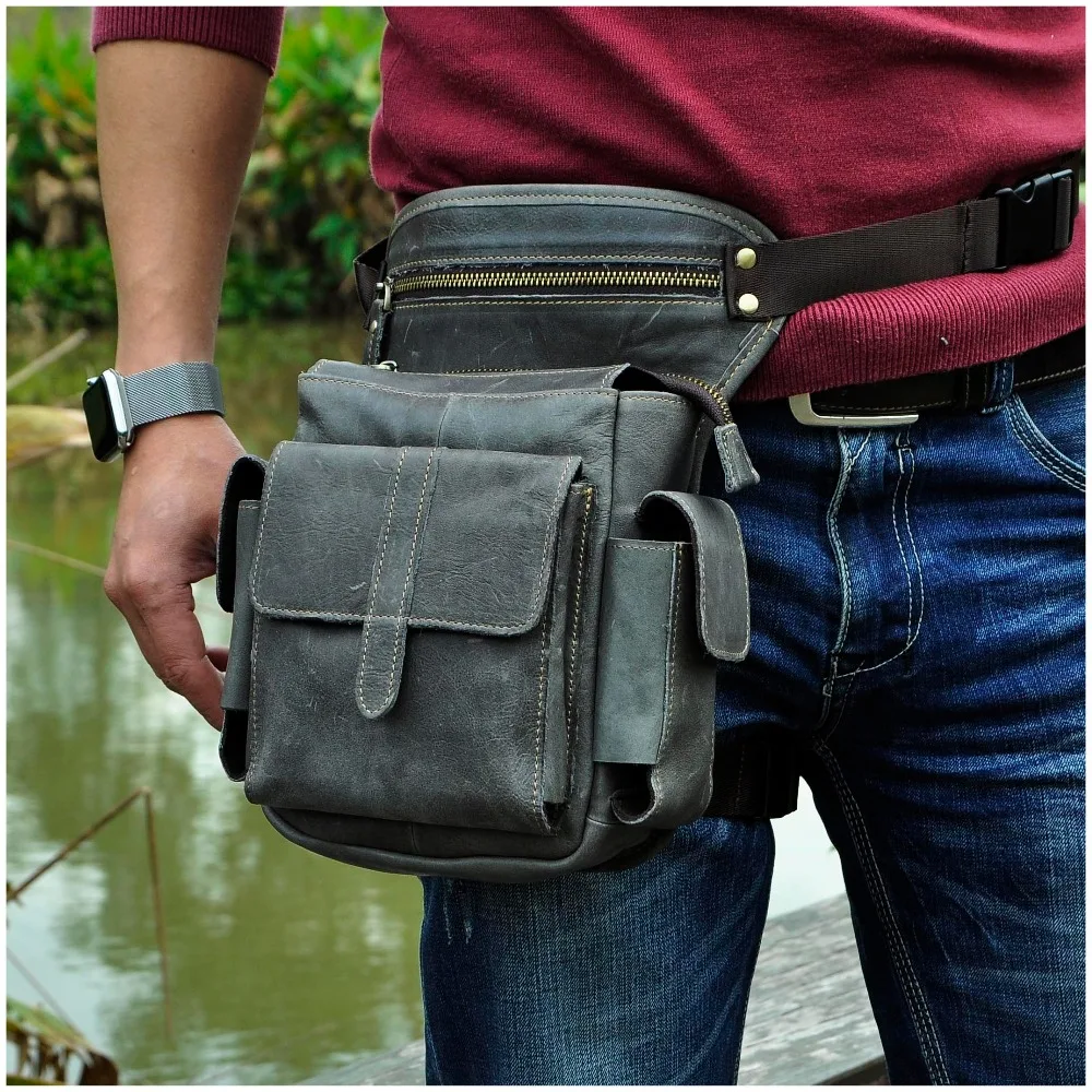 Hot Sale Real Leather Design Male Multifunction Drop Leg Bag 8" Pad Pouch Small Belt Messenger