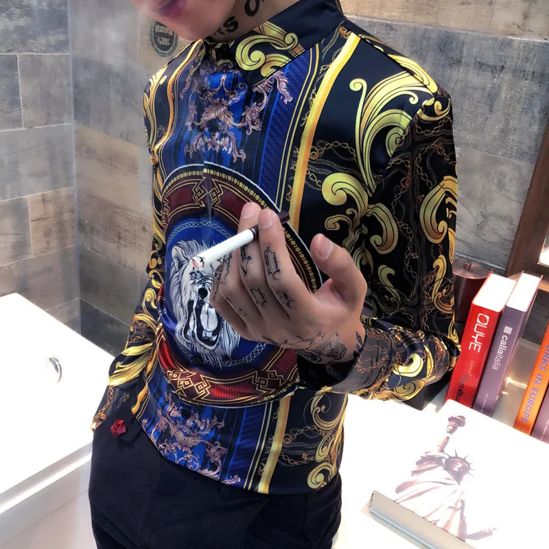 

Black Gold Baqouque Shirt Men 2018 New Autumn Fancy Shirts Men Club Party Prom Shirts Slim Fit Korean Fashion Black Gold Camisa