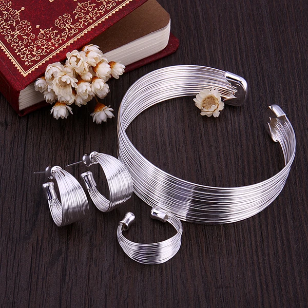 

925 sterling silver many string cuff bangle bracelet hoop earring free size ring for women fine fashion jewerly wholesale
