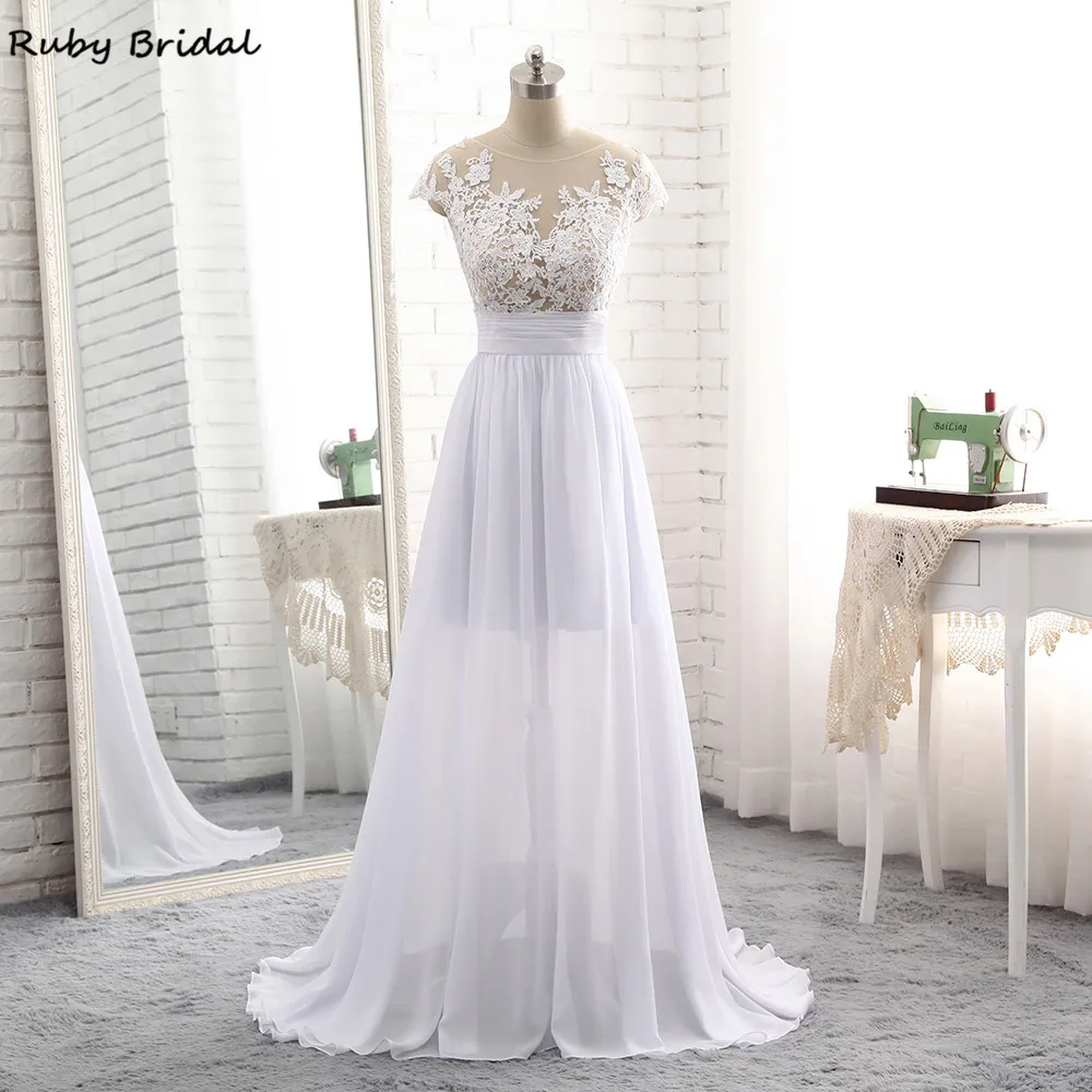 

Ruby Bridal 2017 Elegant Vestido De Noiva Long A-line Wedding Dresses Cheap White Chiffon Appliques Beach Scoop Bridal Gown R311