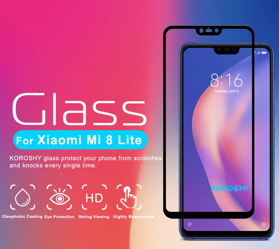 KOROSHY 9H Tempered Glass for Xiaomi Mi 8 Lite Mi8 Lite Screen Protector Full Cover HD Clarity Ultra Thin Glass Film (4)