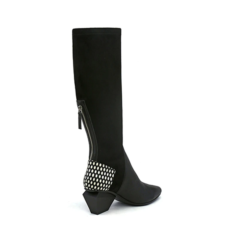 Сапоги до колена; женские осенние сапоги на молнии из натуральной кожи и эластичного флока; обувь на необычном высоком каблуке 6 см; женская обувь; HL43 muyisxi