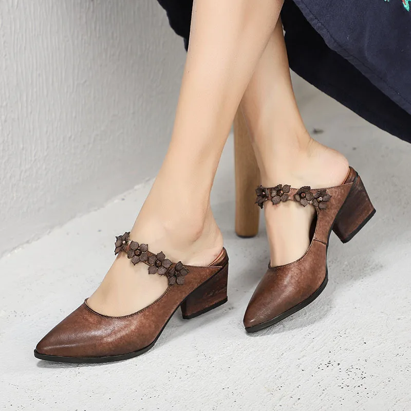 

Artdiya Original 2019 Spring and Summer New Retro Pointed Toe Women Slippers Flowers Medium Heels Genuine Leather Sandals